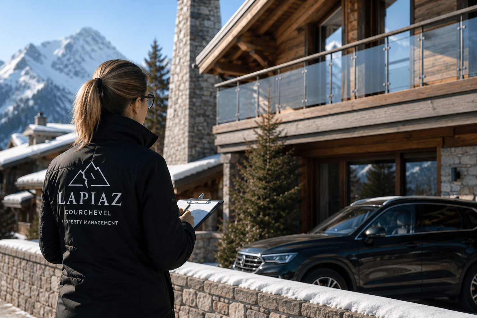 Équipe Lapiaz devant un chalet à Courchevel